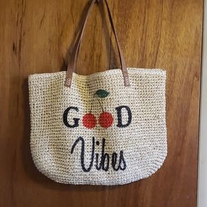 Woven "Good Vibes" rattan beach bag